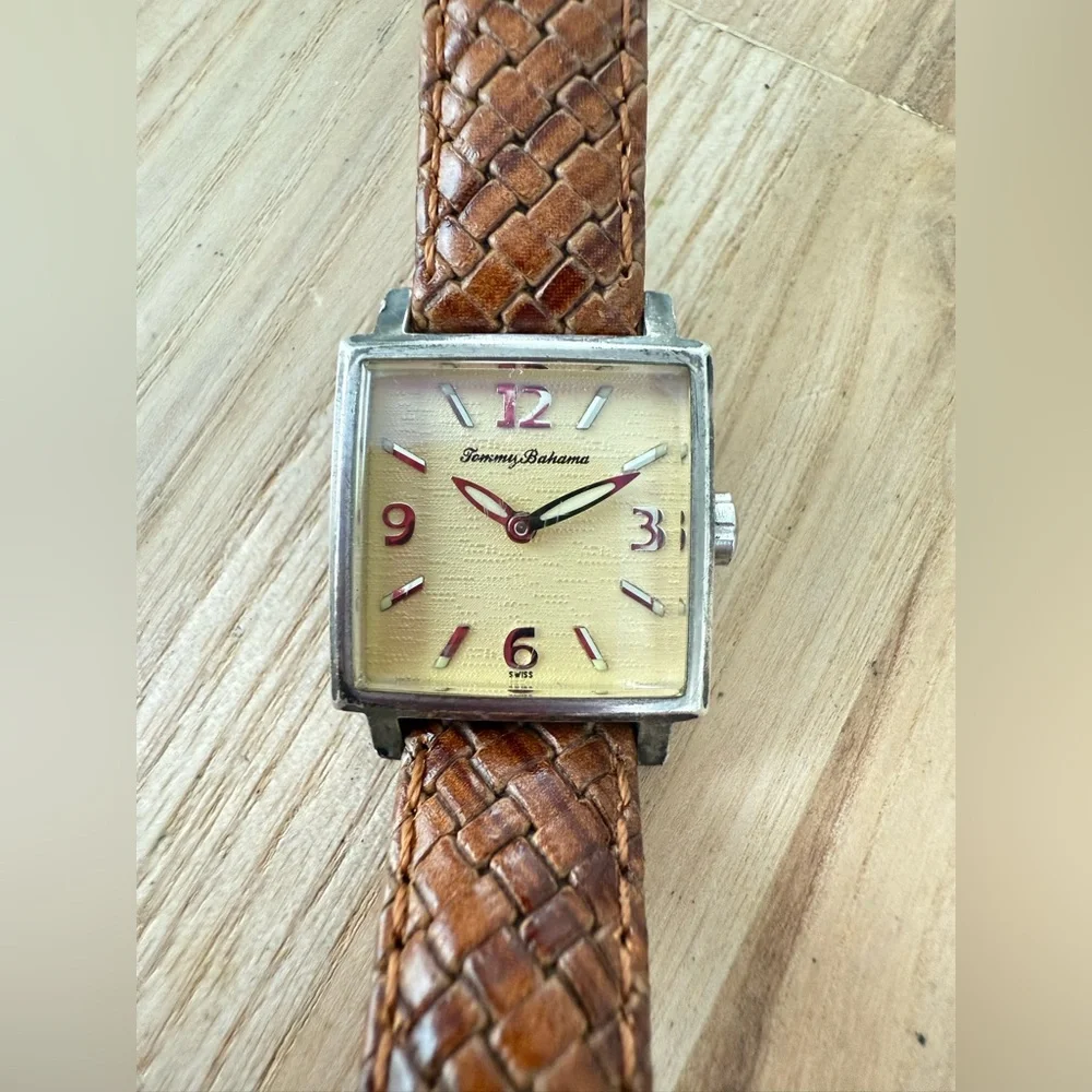 Tommy Bahama ladies square 925 silver brown leather Swiss watch NEW BATTERY